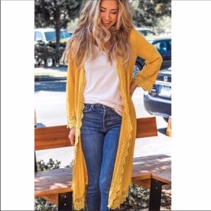 Yellow Lace trim Long Cardigan Kimono